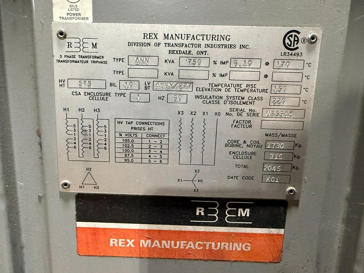 Used 750 kVA REX Manufacturing DRY TYPE Transformer HV 575V LV 480/277V