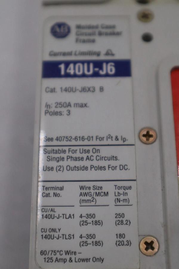 Used Allen Bradley 140U-J6X3 100A 3P 600V AC 250V DC Circuit Breaker STOCK H1867