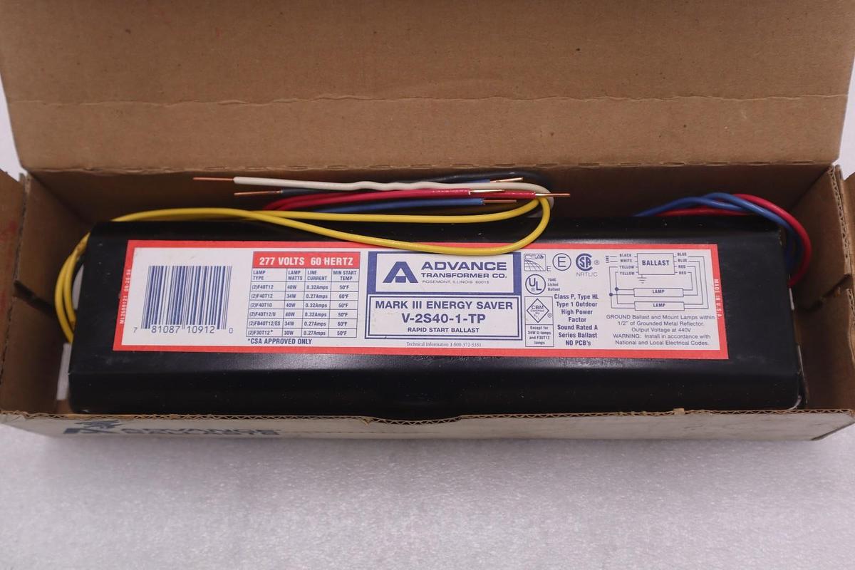 Used LOT OF 4 -- NEW Advance V-2S40-1-TP Mark III Rapid Start Ballast 277V STK 4543