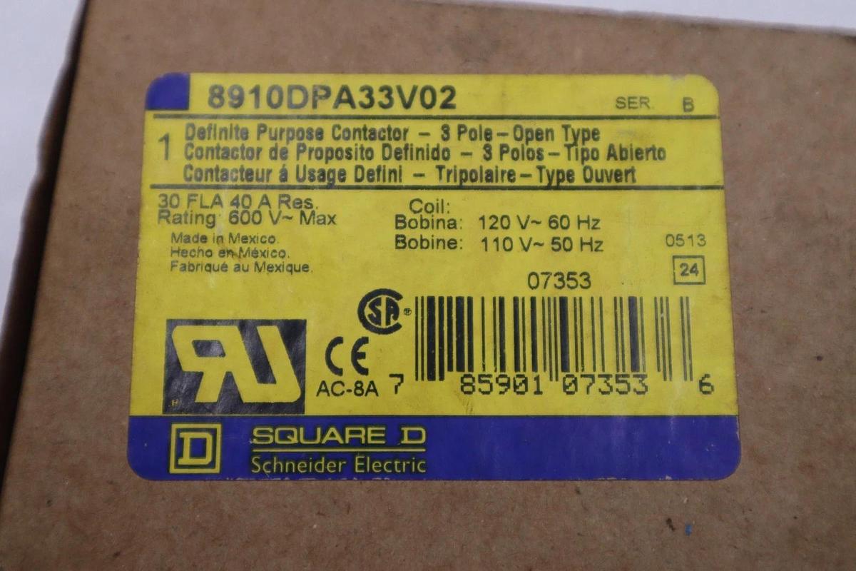 Used NEW Square D 8910DPA33V02 Definite Purpose Contactor 3 Pole Open STOCK H890A 785901073536