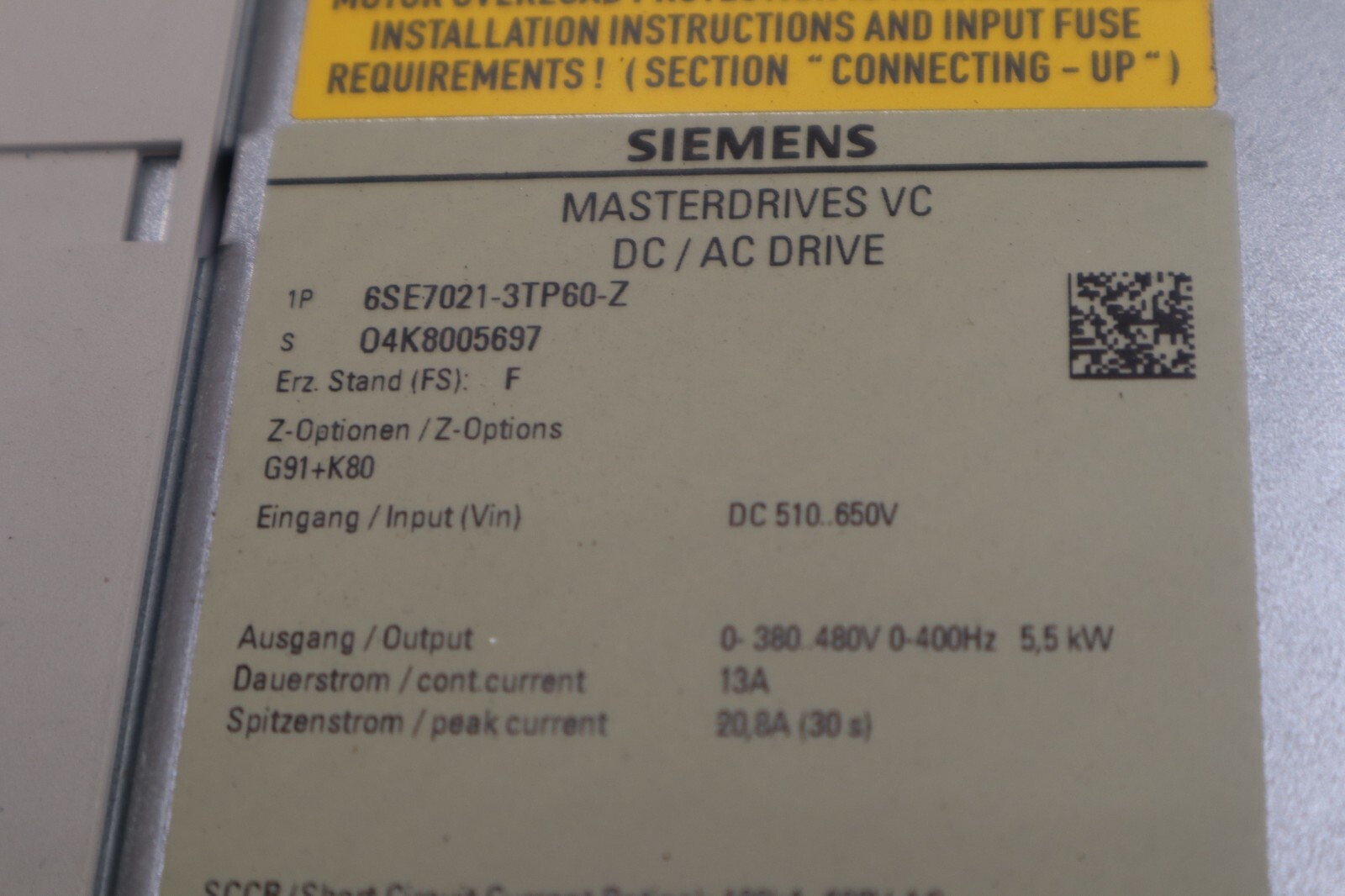 Used NEW SIEMENS 6SE7021-3TP60-Z AC DRIVE SIMOVERT MASTERDRIVE VECTOR CONTROL #5137