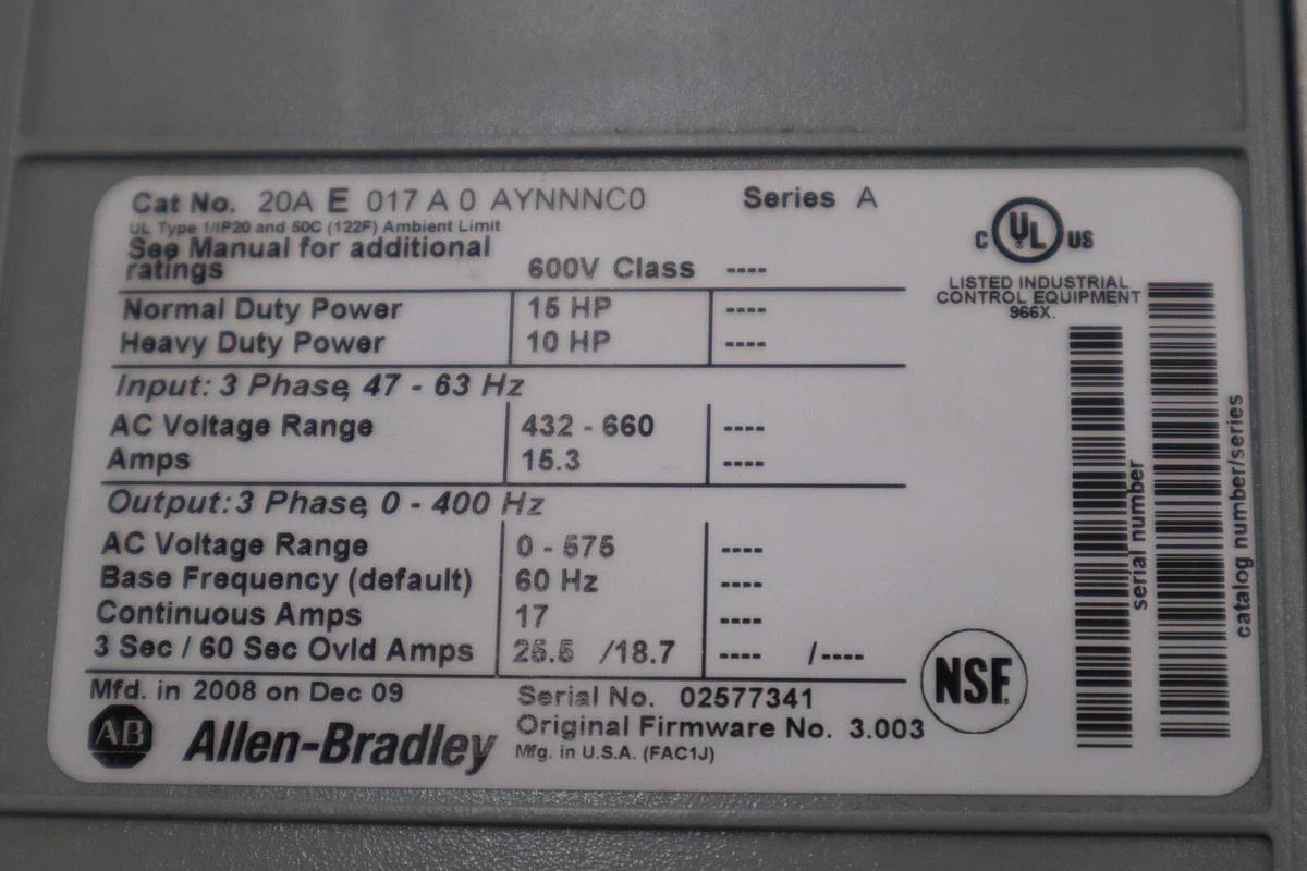 Used ALLEN BRADLEY 20AE017A0AYNNNC0 SER. A 600V POWERFLEX 70 AC VFD DRIVE STOCK 1800B