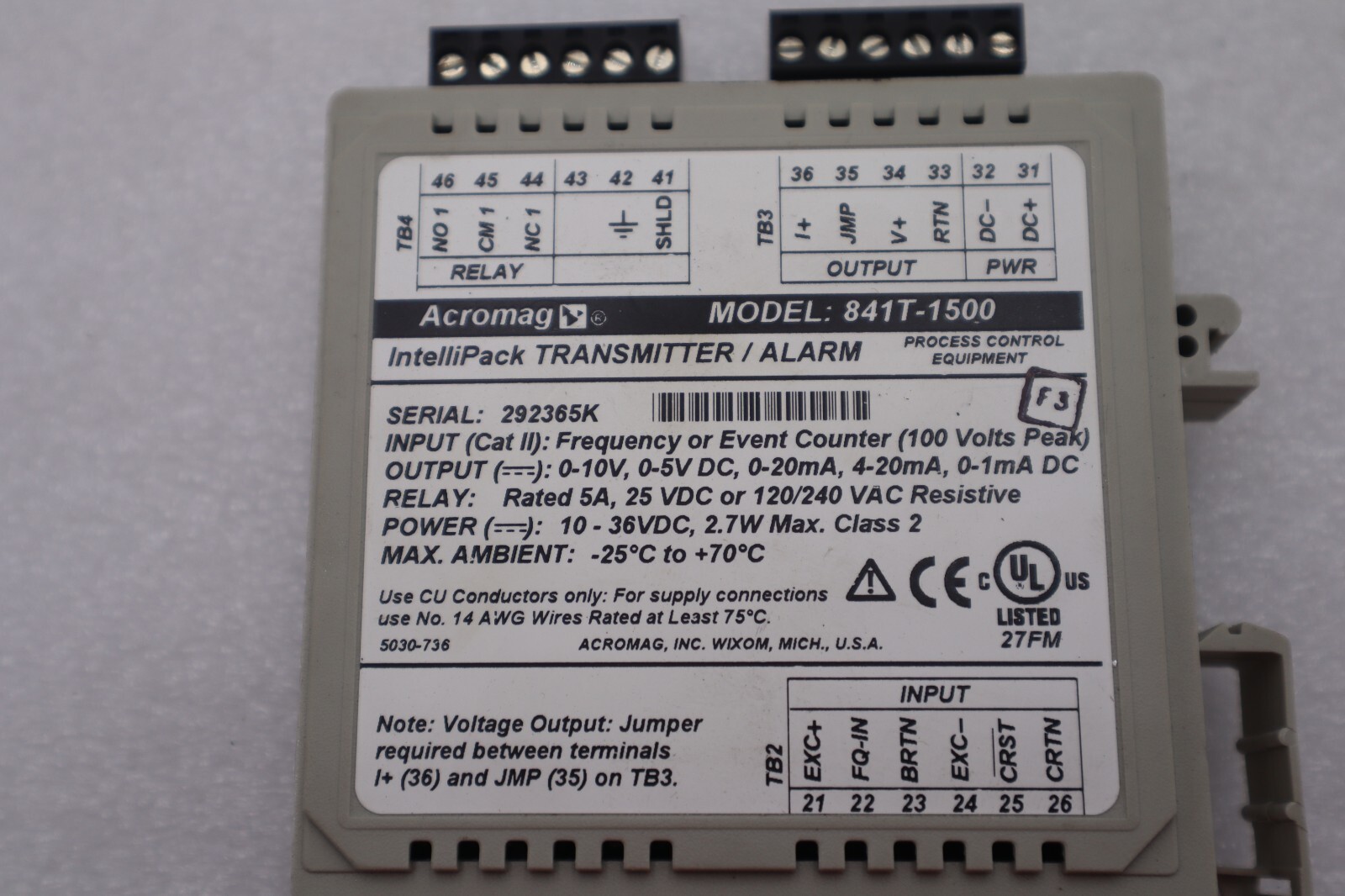 Acromag Transmitter Alarm Model: 841T-1500 Ser. 292365K CAT II New Stock #2664