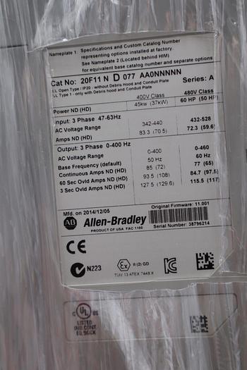 Used ALLEN BRADLEY VFD 20F11ND077AA0NNNN SER A AC DRIVE POWERFLEX 753 60 HP STK 076-A