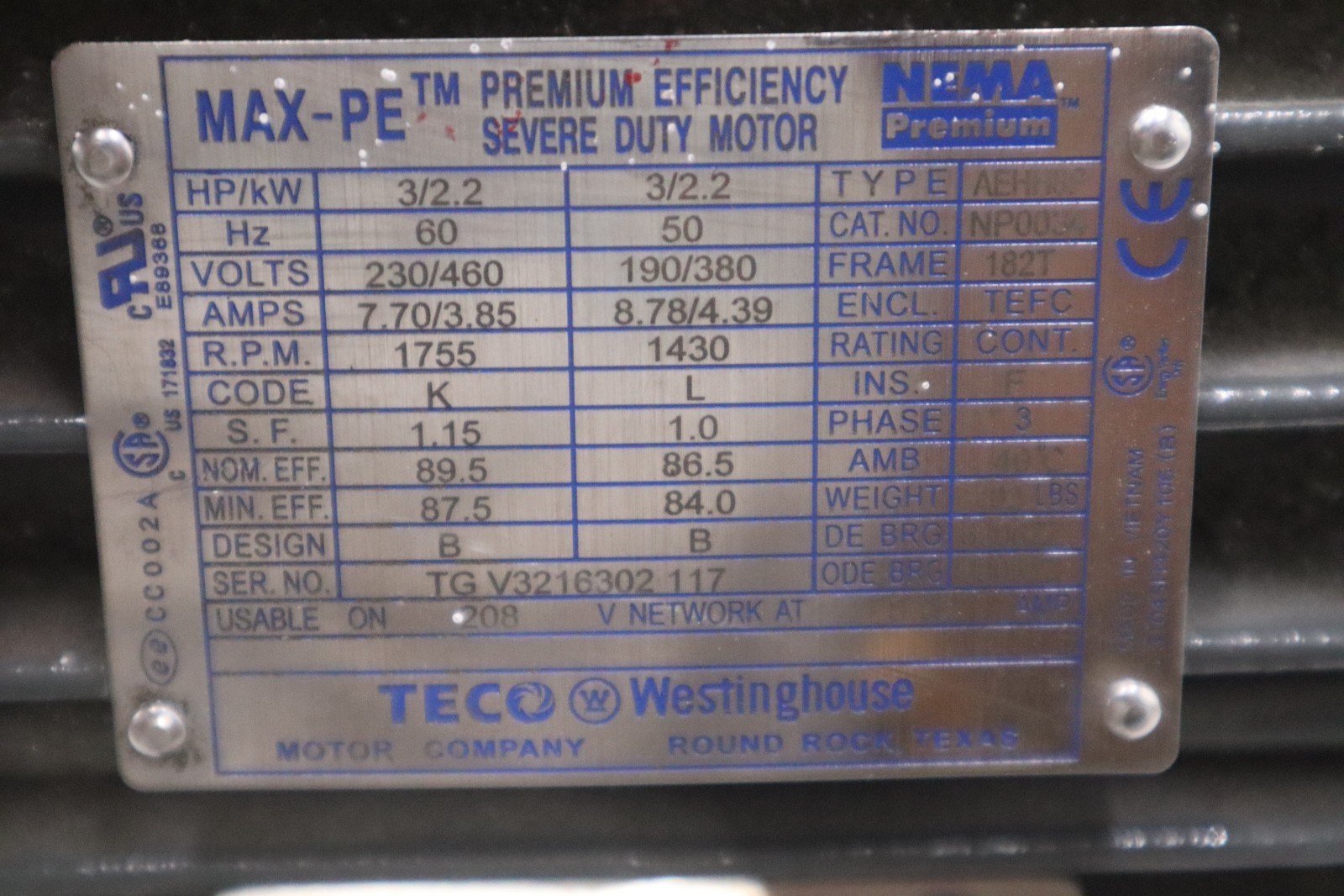 TECO-Westinghouse MAX-PE NP0034 TYPE AEHH8P 182T - STOCK 2698A
