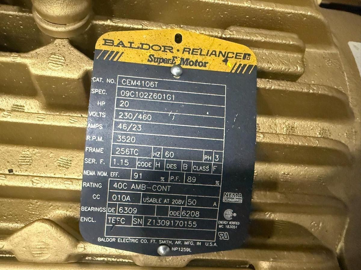 Used Baldor CEM4106T Super E Motor 20HP, 208-230/480VAC 3-Ph, 256TC, 3520RPM NEW UNIT
