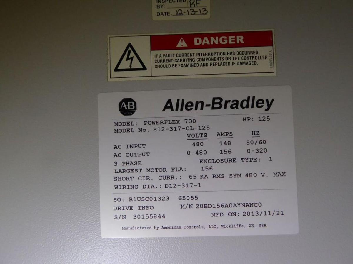 Used 20BD156A0AYNANC0 / B Allen Bradley 156 460V 125HP Powerflex 700 W/ CABINET #S611