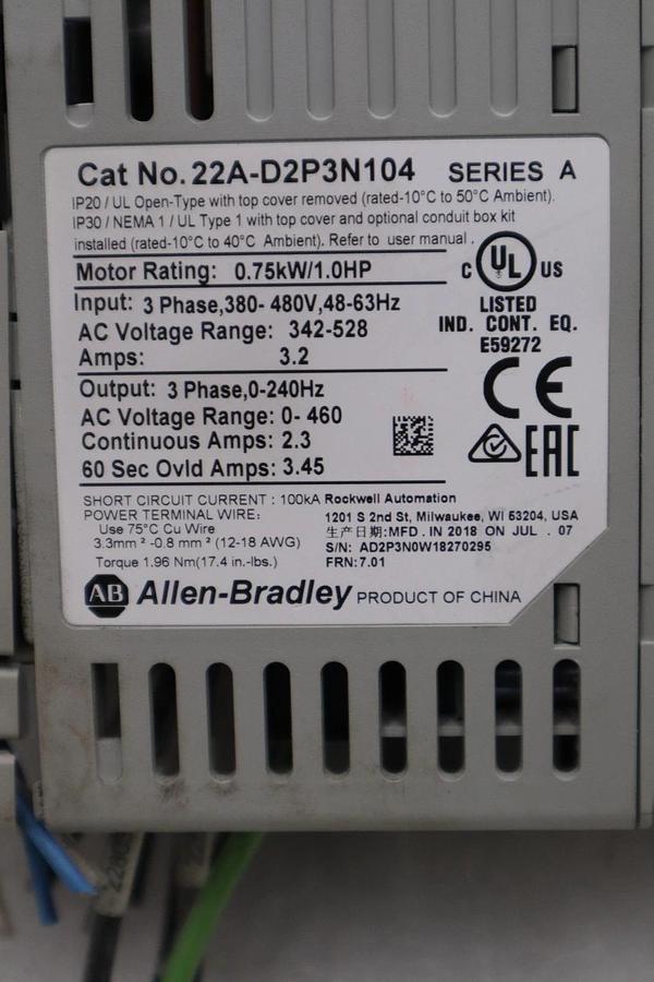 Used Allen Bradley AB 22A-D2P3N104 /A PowerFlex 4 AC Drive 1HP 3Ph 480V STOCK H1808