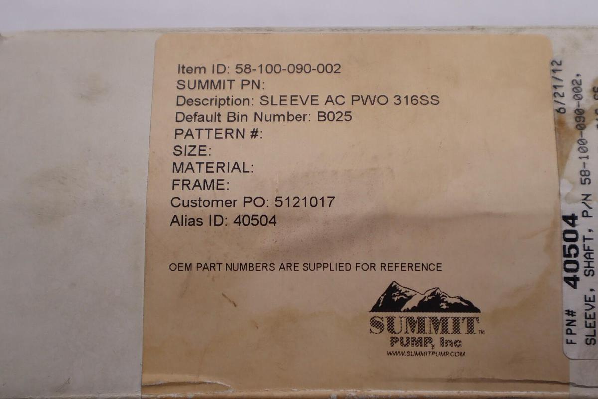 SLEEVE SHAFT SUMMIT SLEEVE AC PWO 316SS PN: 50-100-090-002 NEW STOCK 1942