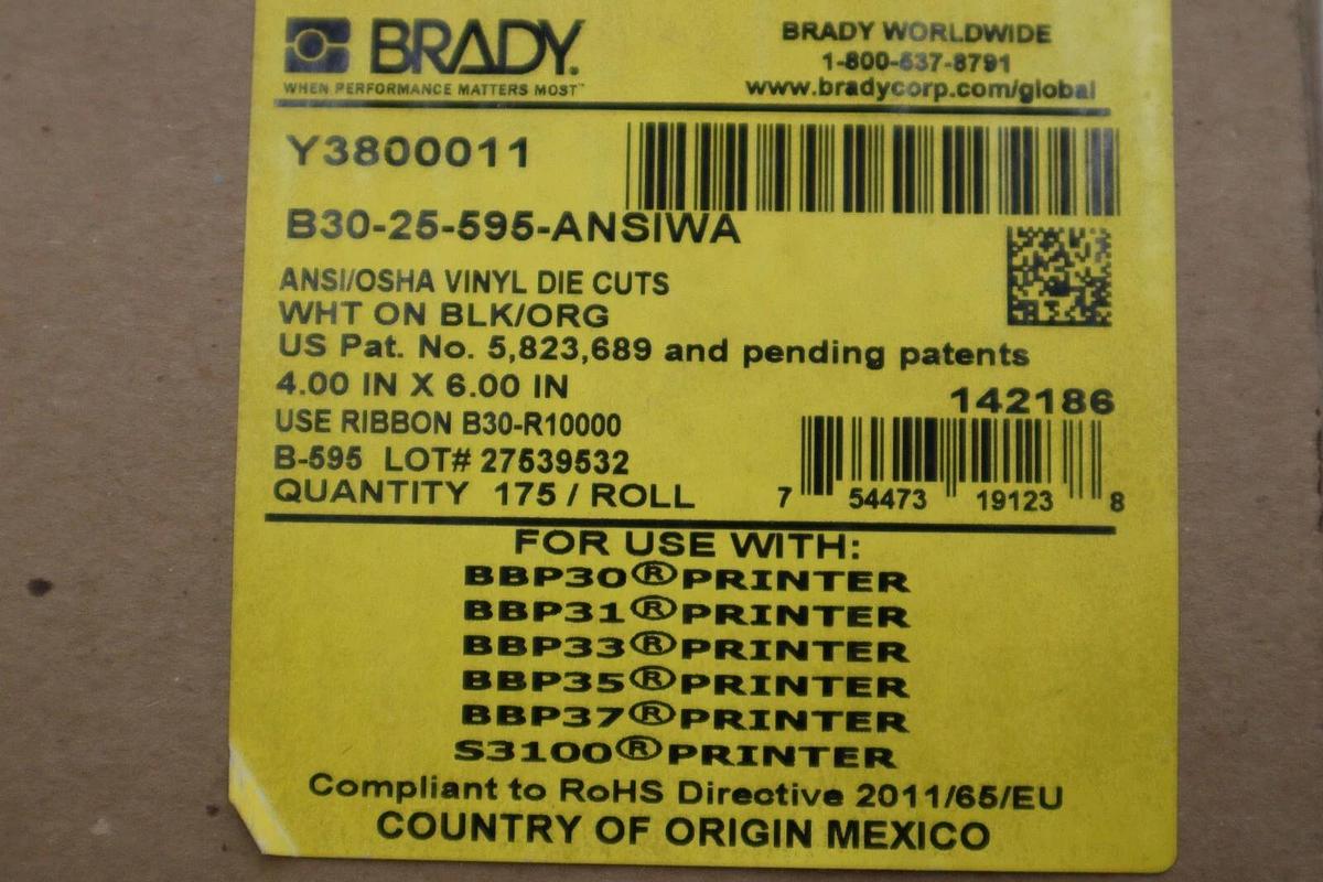 Used Brady B30-25-595-ANSIWA Ansi/Osha Vinyl Die Cuts ANSI "WARNING" 4" x 6" #H412