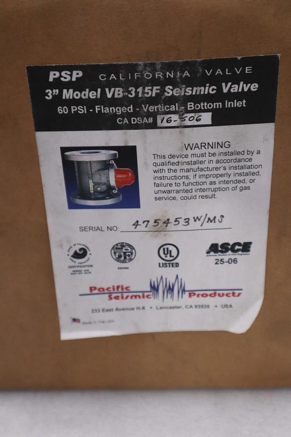 Used NEW Pacific Seismic Products Earthquake Gas Shutoff Valve MPN 315F 3" STK 1708CC