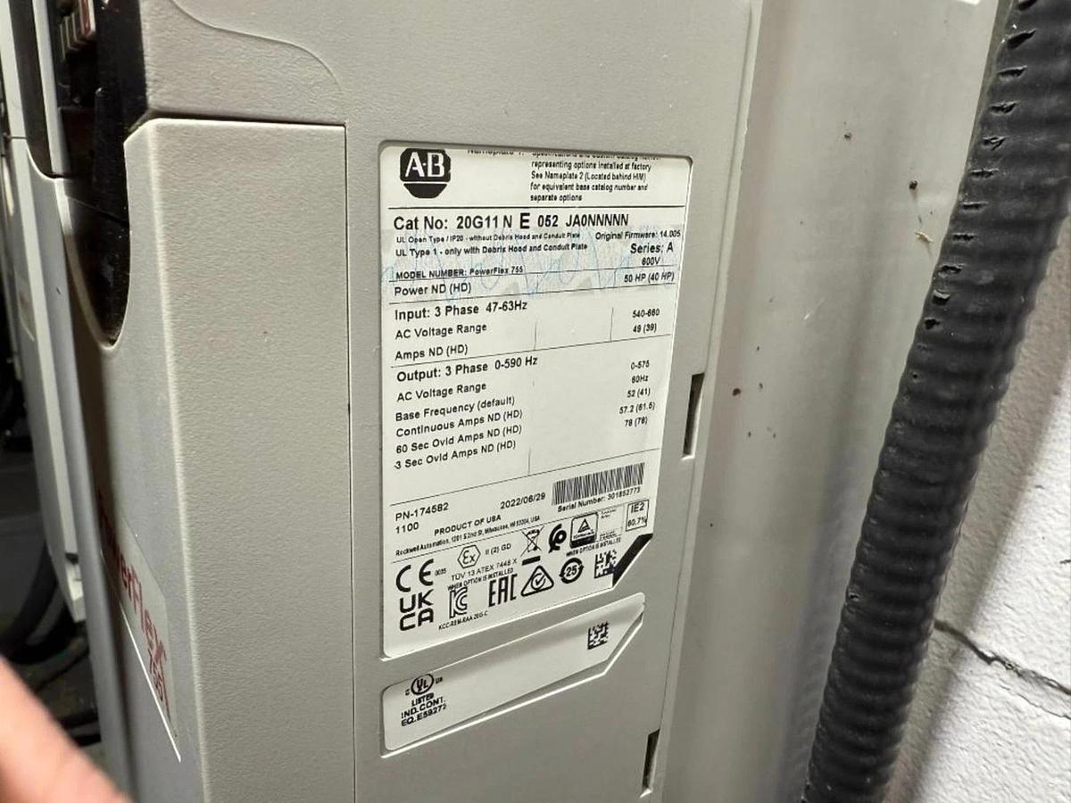 Used 50 HP ALLEN BRADLEY POWERFLEX 755 DRIVE CAT. 20G11NE052JA0NNNNN 600V MFG. 2022
