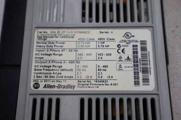 Used ALLEN BRADLEY 20AD2P1A0AYNNNC0 POWERFLEX 70 1 HP SER A STOCK #1910