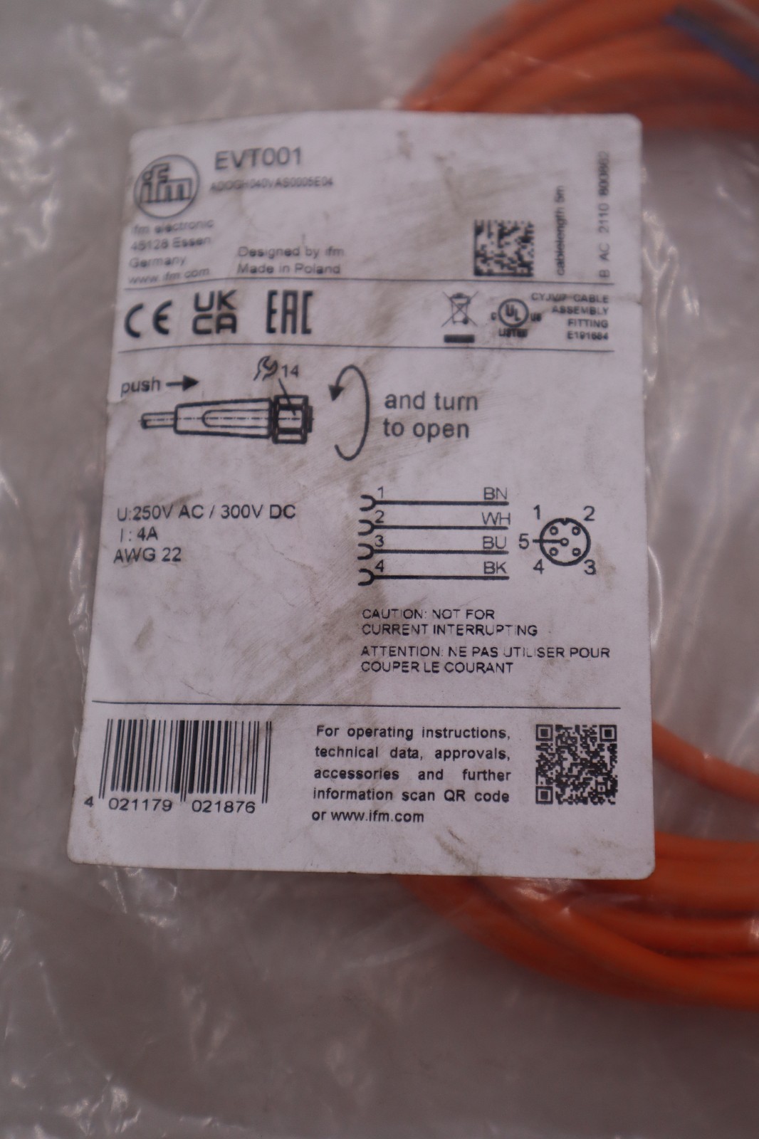 IFM EFECTOR EVT001 ADOGH040VAS0005E04 300VDC 4A- STOCK GF1044A