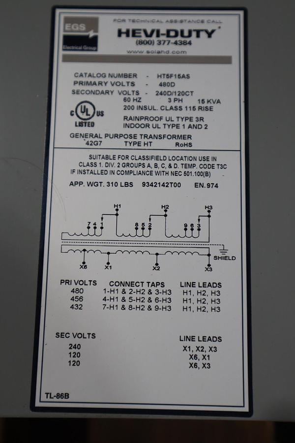 Used EGS SOLA HEVI-DUTY 15 KVA 480D-240DCT Cat #: HT5F15AS 480V 3PH NEW STOCK S-660