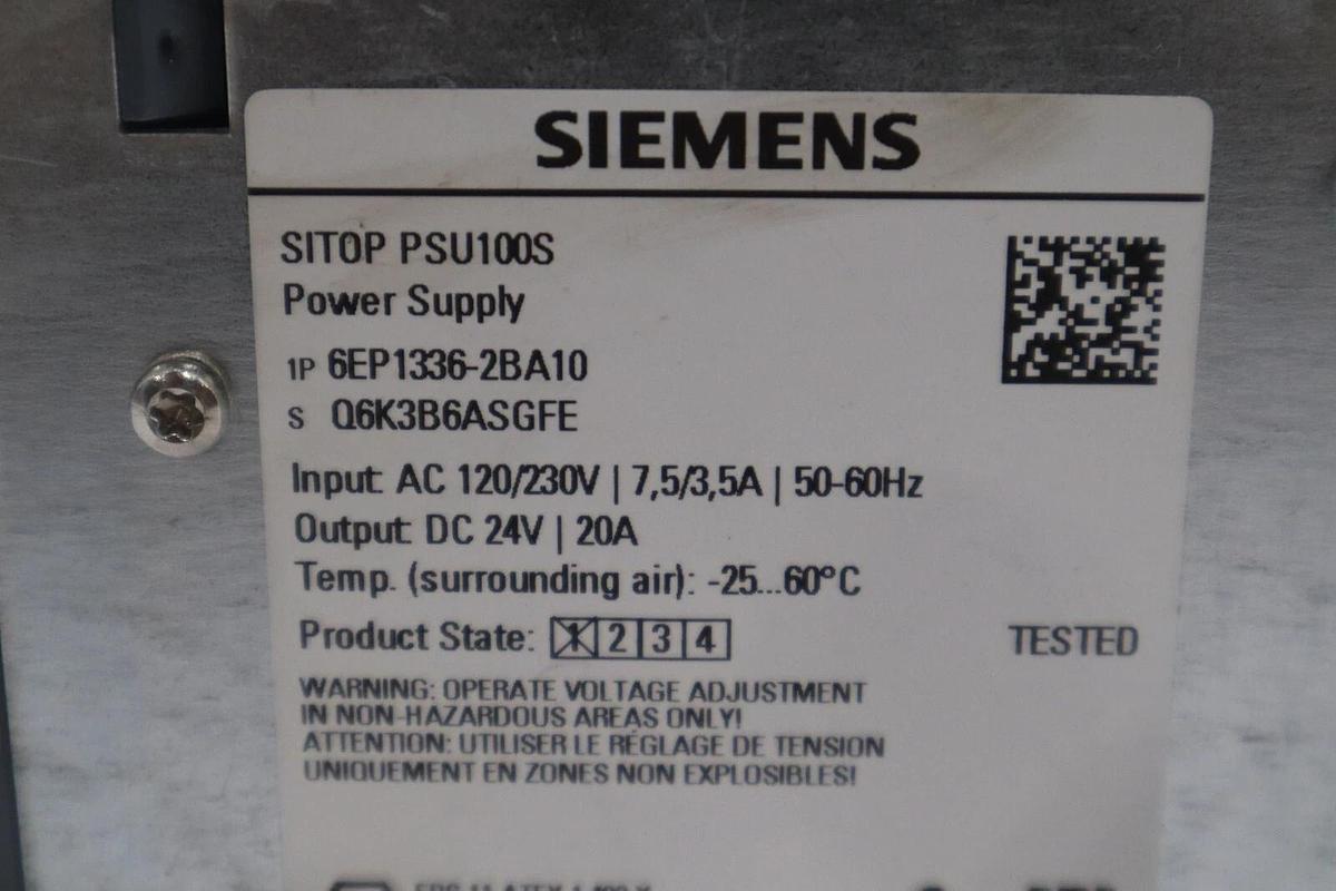 Used Siemens 6EP1336-2BA10 SITOP PSU100S Power Supply 24V DC 20A Output #K-614-A