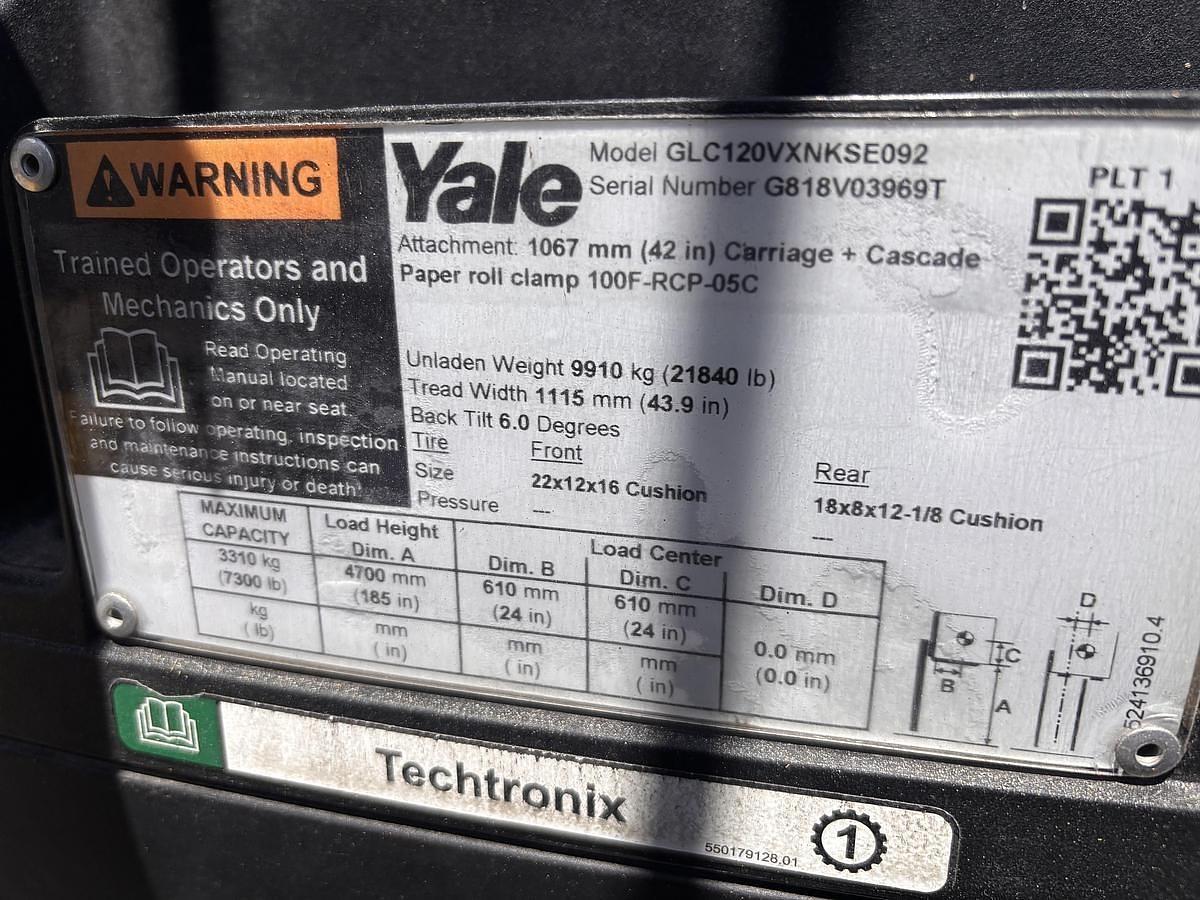 Used 12,000 POUND YALE GLC120VX FORKLIFT TRUCK WITH 84" CASCADE PAPER CLAMP