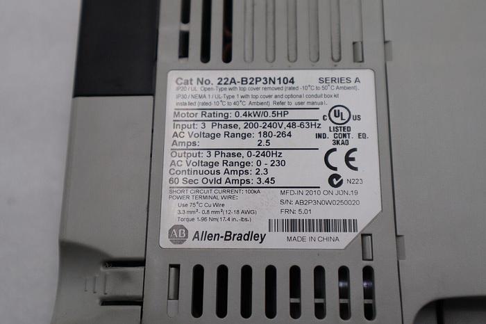 Used ALLEN BRADLEY 22A-B2P3N104 POWERFLEX 4 0.4kW/0.5HP SER A STOCK #1930