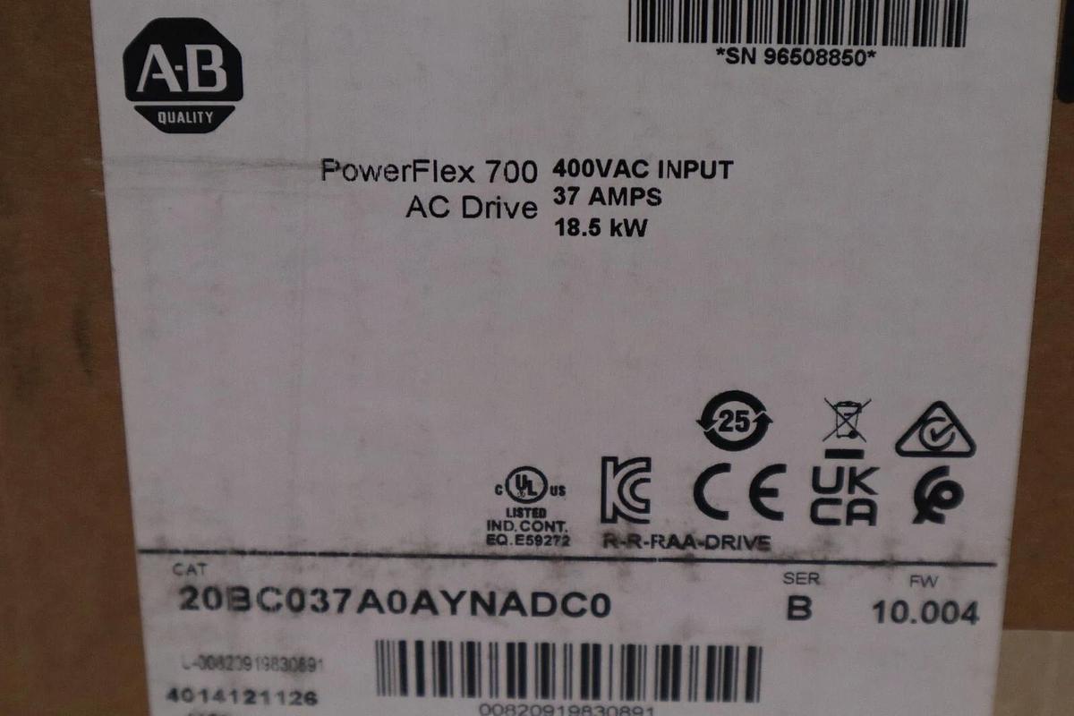Used ALLEN BRADLEY 20BC037A0AYNANC0 POWERFLEX 700 10.004 FW SER B NEW DRIVE #5386