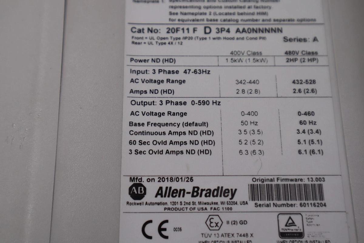 New Allen-Bradley PowerFlex 753 20F11FD3P4AA0NNNNN 2HP 480 VAC FRN 13.003 1967