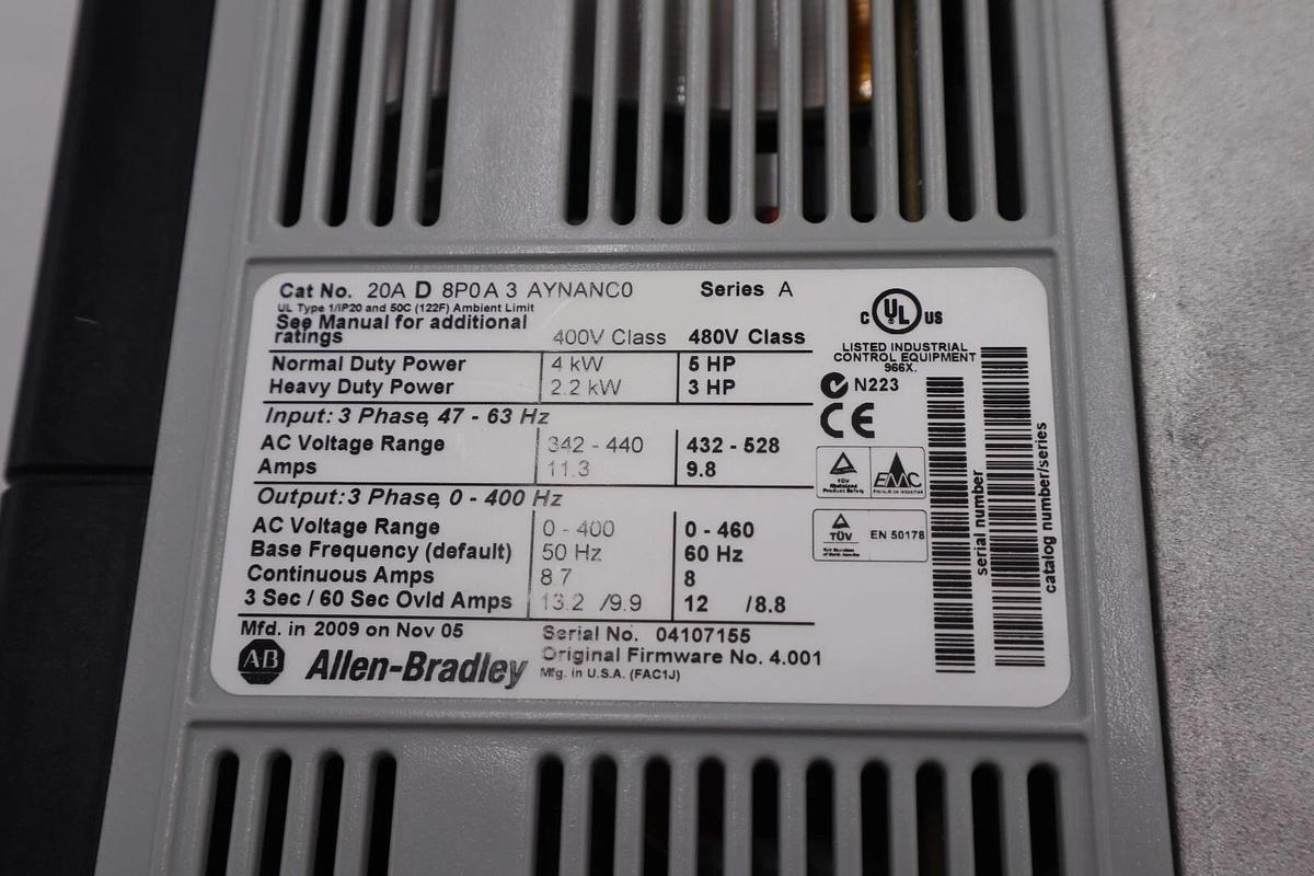 Used 20AD8P0A3AYNANC0 ALLEN BRADLEY POWERFLEX 70 5HP AC DRIVE 480 VOLT STOCK 2179