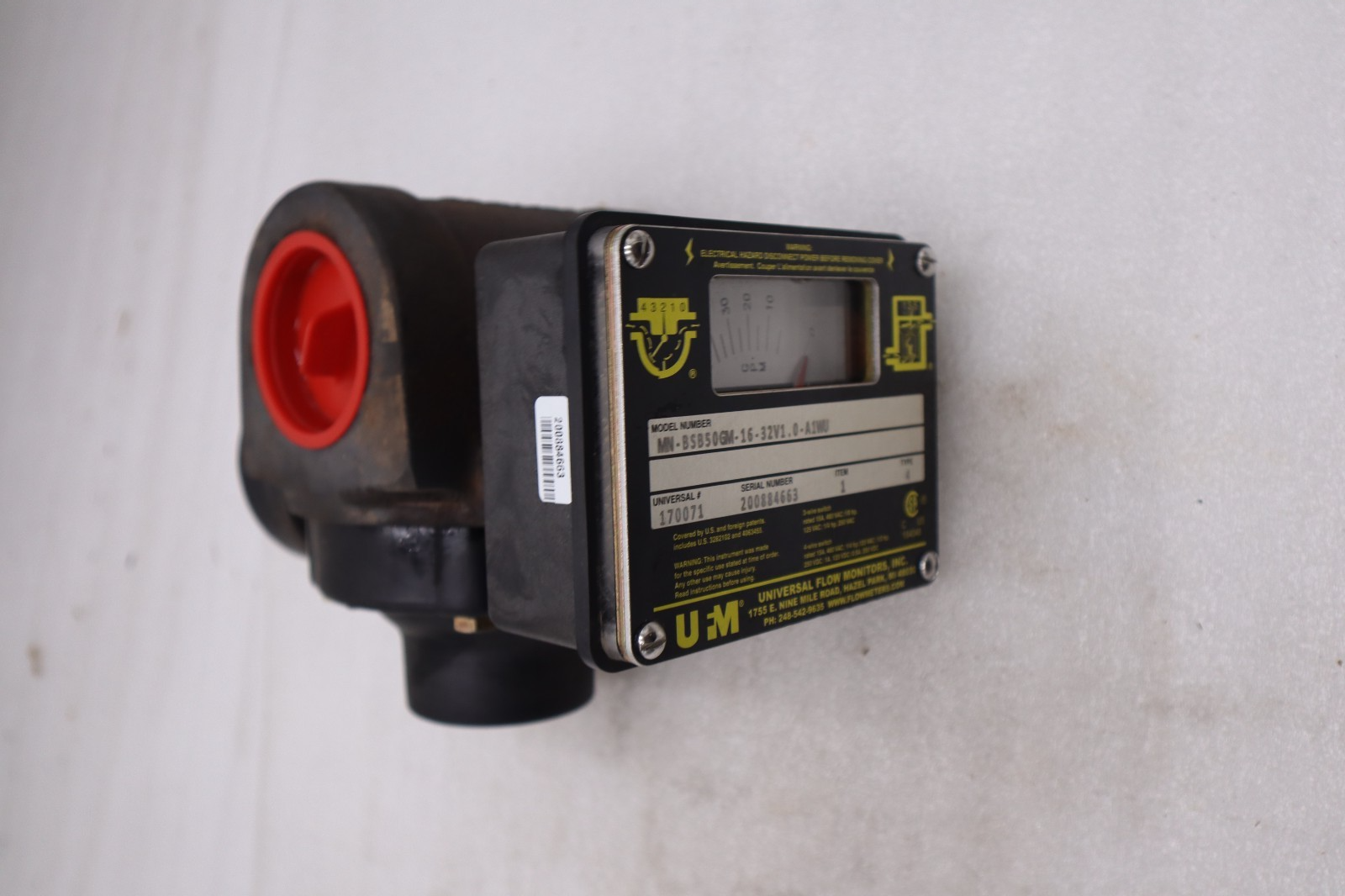 Used UNIVERSAL FLOW MONITORS MN-BSB50GM-16-32V1.0-A1WU FLOW METER - STOCK 3395B