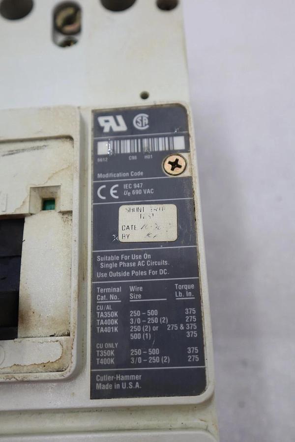 Used CUTLER-HAMMER HM2P400X5WS10 MOTOR CIRCUIT PROTECTOR SERIES C 600VAC STOCK #3221