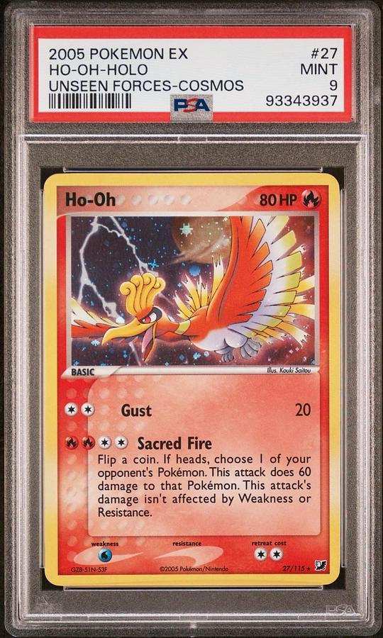 Used 2005 POKEMON EX UNSEEN FORCES COSMOS #27 HO-OH-HOLO PSA 9