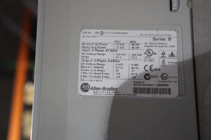 Used ALLEN BRADLEY 60HP POWERFLEX 700 20BD077A0ANNAND0 6.003 FRN SER B STOCK 1804