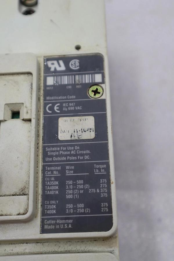 Used CUTLER-HAMMER HM2P400X5WS10 MOTOR CIRCUIT PROTECTOR SERIES C STOCK #3207