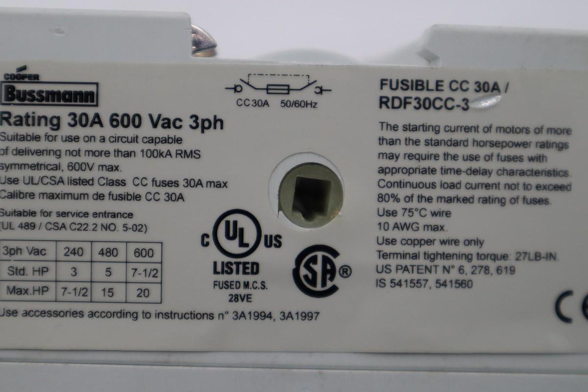 Used BUSSMANN RDF30CC-3 FUSIBLE DISCONNECT SWITCH 30A 600VAC 3PH STK H1729