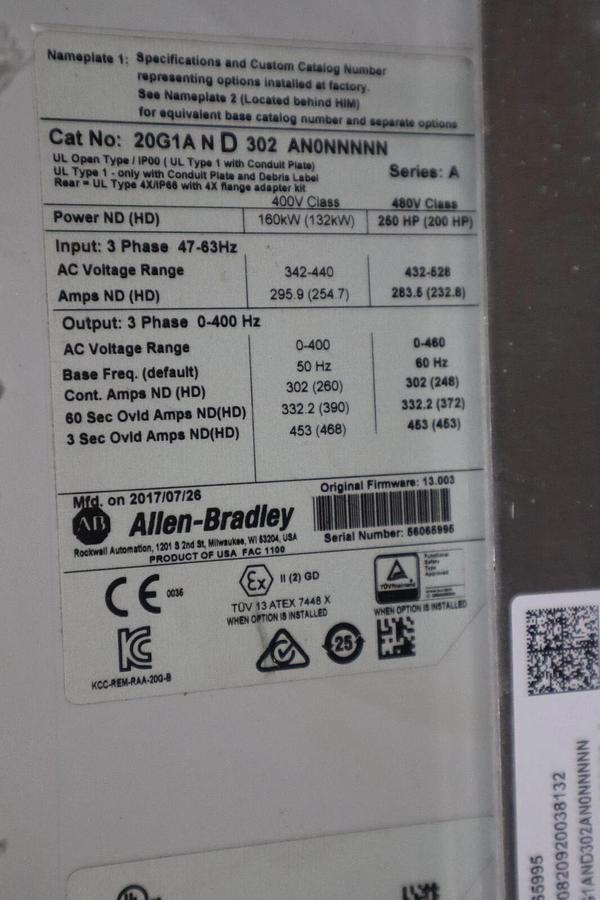 NEW 20G1AND302AN0NNNNN ALLEN BRADLEY 250 HP DRIVE VFD 480V POWERFLEX 755 #S-605