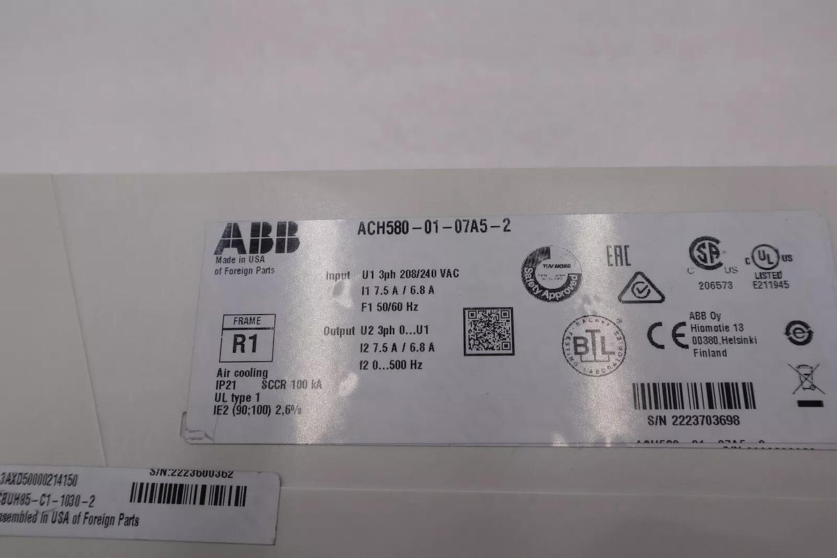 ABB ACH580-01-07A5-2 Drive INPUT 3PH 400/480VAC 50/60HZ 7.5AMP 2HP STOCK 2060-A