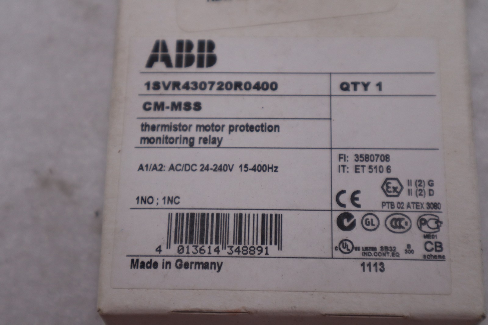 ABB THERMISTOR MOTOR PROTECTION MONITORING RELAY 1SVR430720R0400 CM-MSS #GF1012A