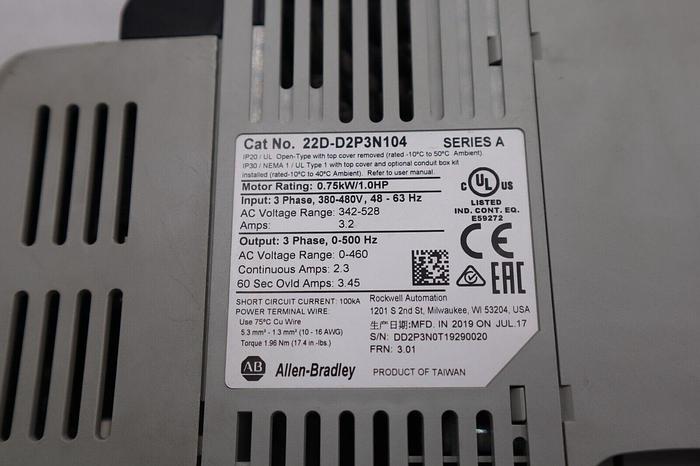 Used Allen Bradley 22D-D2P3N104 POWERFLEX-40 AC DRIVE 1.0HP SER A STOCK 1816