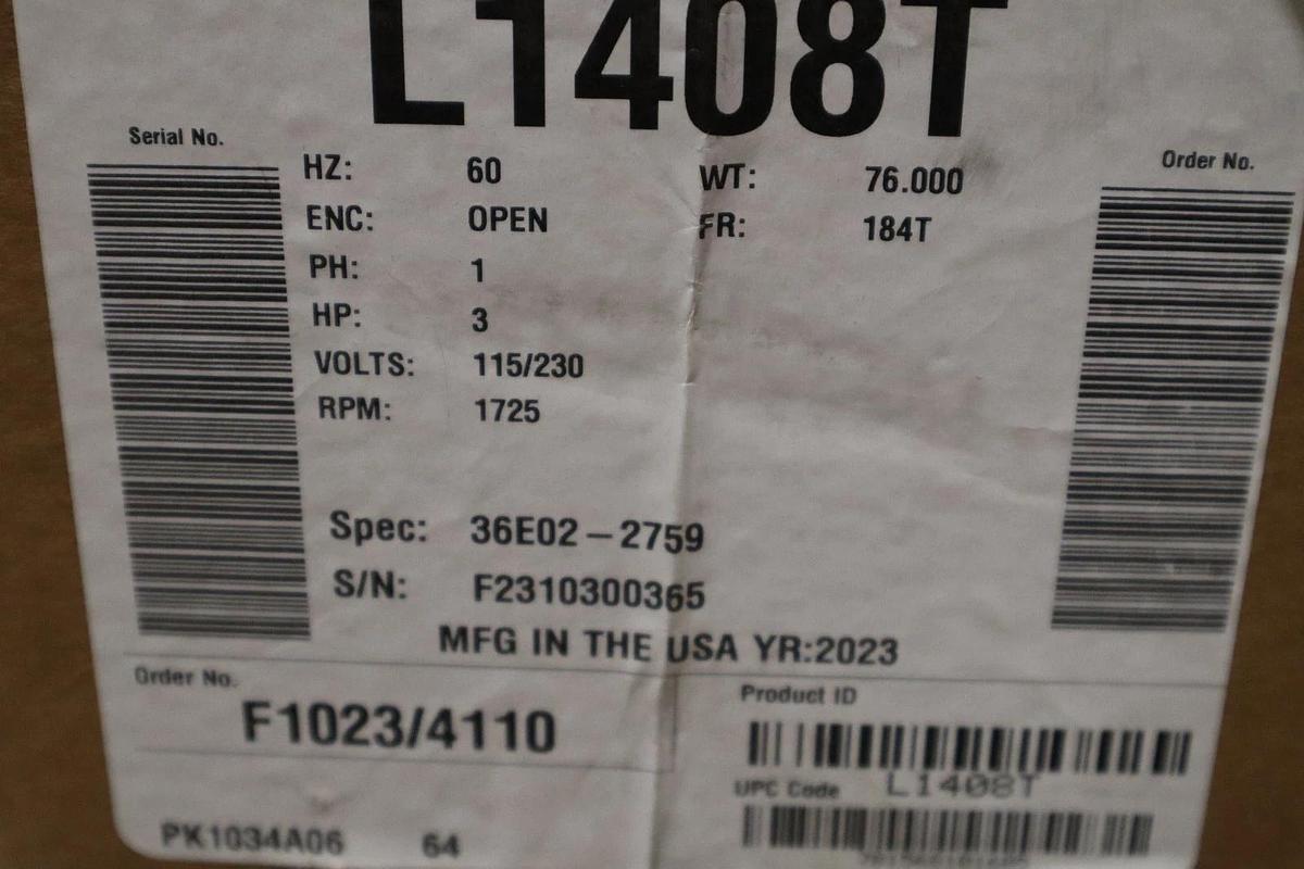 Used ABB L1408T 3HP 115/230V 1800RPM 184T 1PH - STOCK SGF62