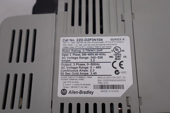 Used Allen Bradley 22D-D2P3N104 POWERFLEX-40 AC DRIVE 1.0HP SER A L-497
