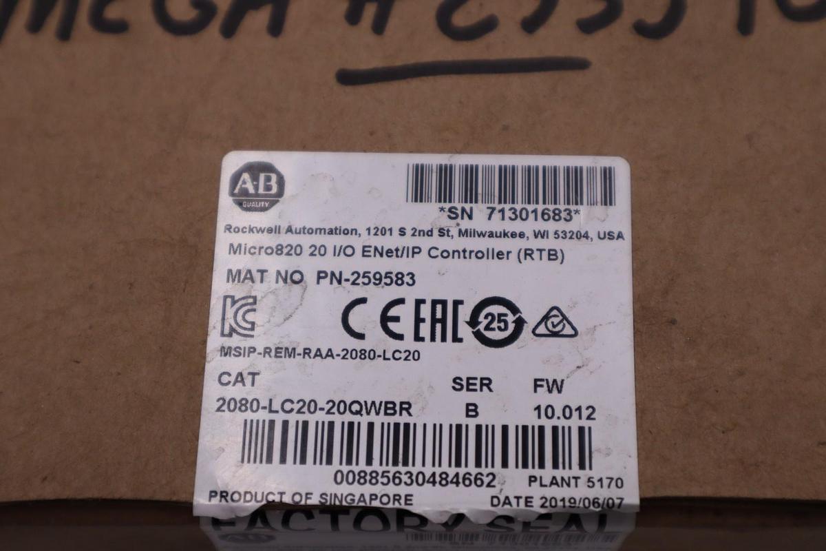 Used Allen-Bradley 2080-LC20-20QWBR Micro820 CONTROLLER - STOCK GF62