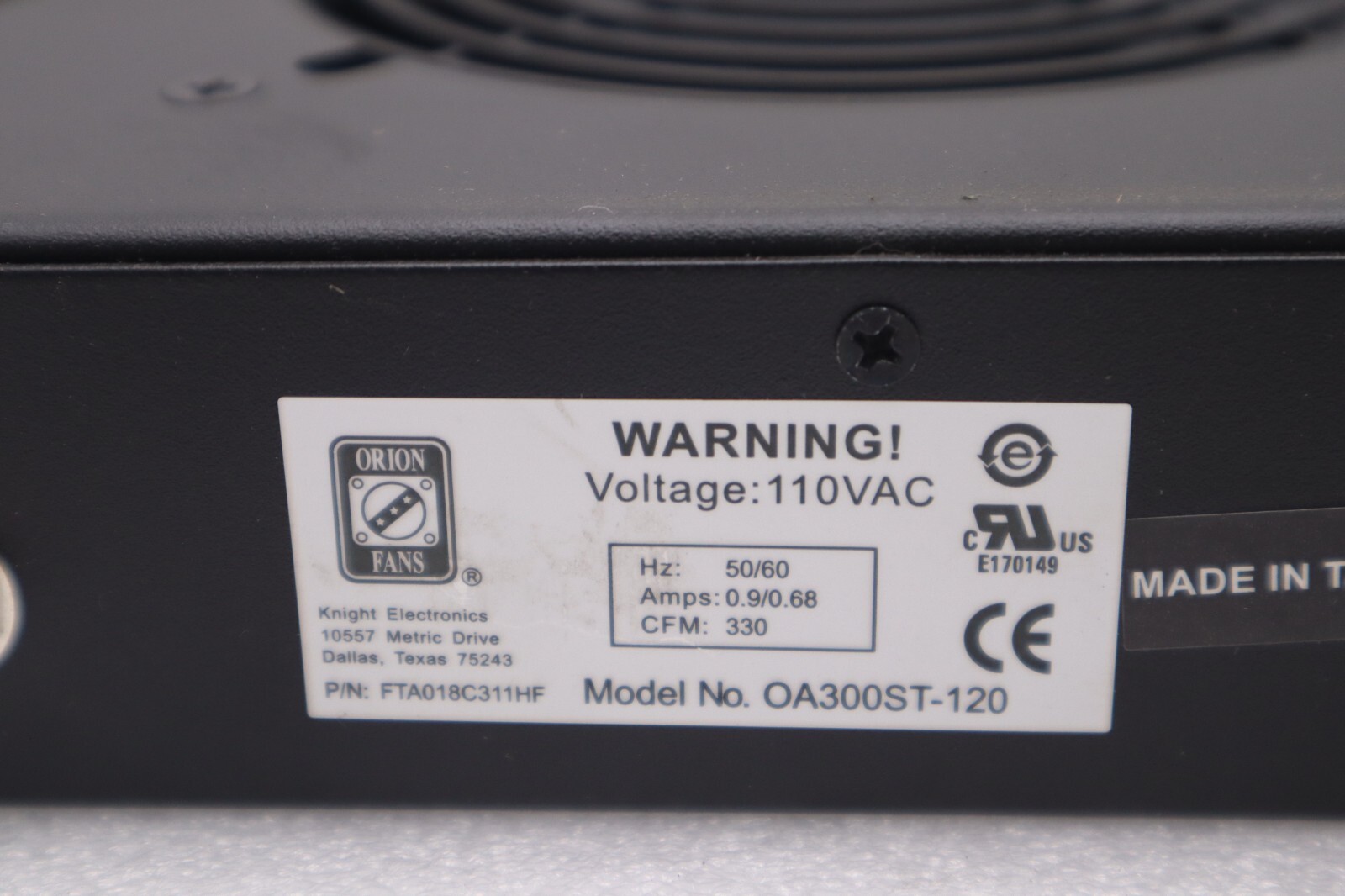 Used Orion Fans OA109AP-11-1TB Cooling Fan 104 CFM 3000 RPM STOCK 2466C
