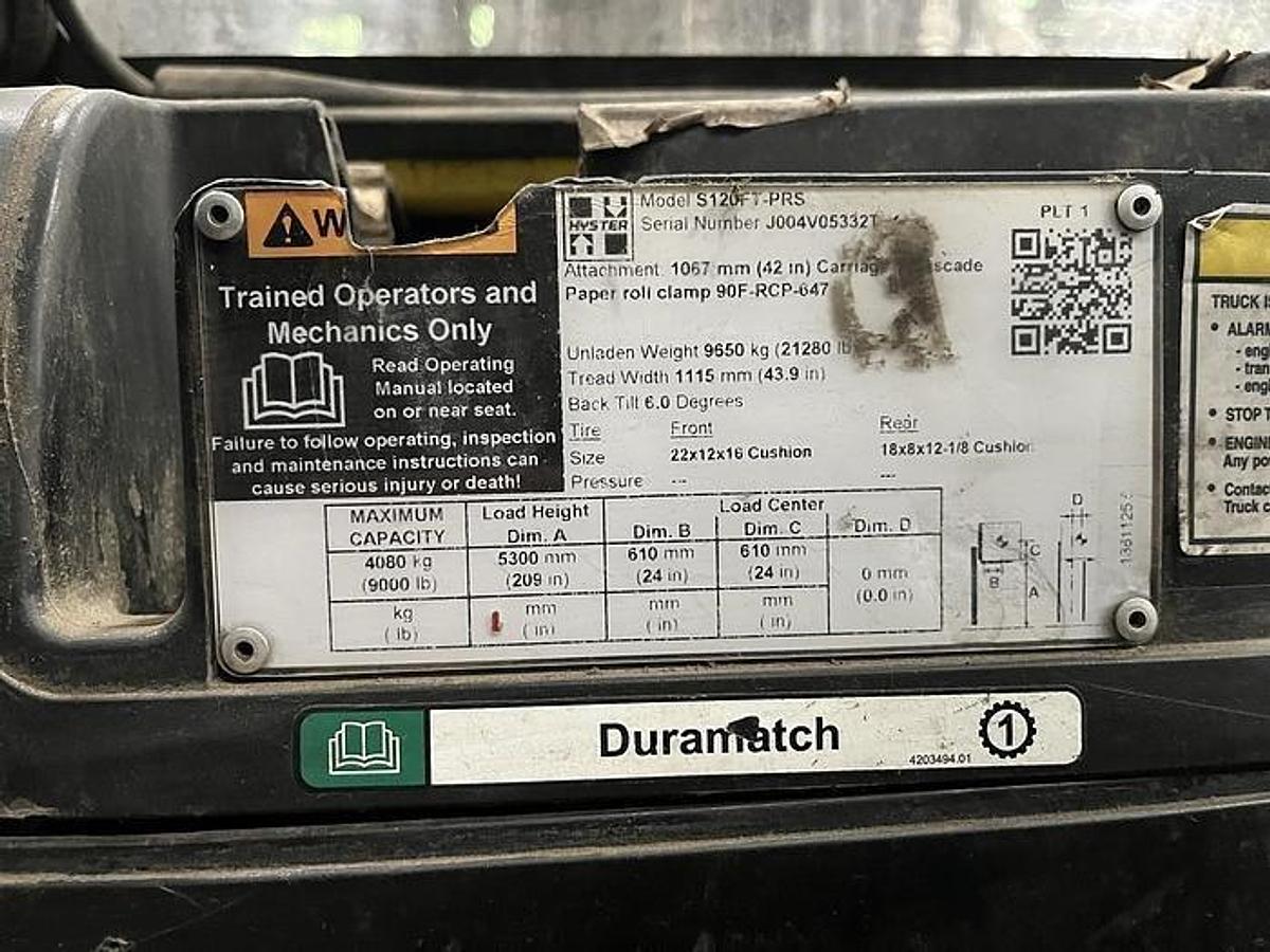 Used 2019 12,000 POUND HYSTER MODEL S120FTPRS ENCLOSED CABIN ROLL CLAMP FORKLIFT