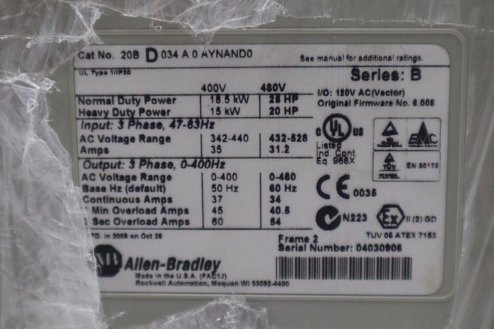 NEW ALLEN BRADLEY 20BD034A0AYNAND0 AC DRIVE POWERFLEX 700 480V 25 HP STOCK 5232