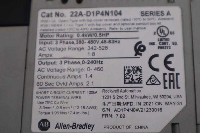 Used ALLEN BRADLEY 22A-D1P4N104 SER. A ADJUSTABLE FREQUENCY AC DRIVE  STOCK B-1292