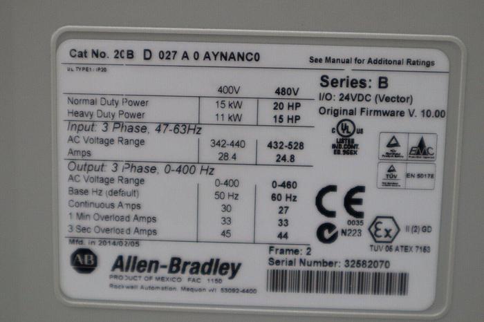 Used ALLEN BRADLEY 20BD027A0AYNANC0 POWERFLEX 20 HP 480V SER B DRIVE STOCK 5341