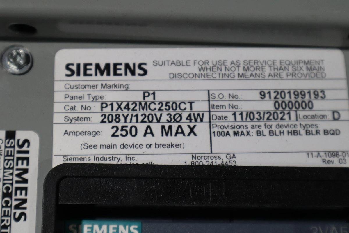 Used SIEMENS P1 250A 208Y/120V P1X42MC250CT MAIN BEAKER STOCK HS44