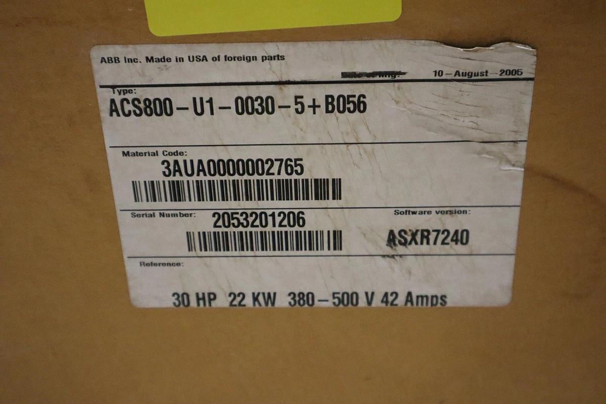 Used 30 HP ABB ACS800-U1-0030-5+B056 / ACS800U100305+B056 DRIVE UNIT NEW STOCK CC-23
