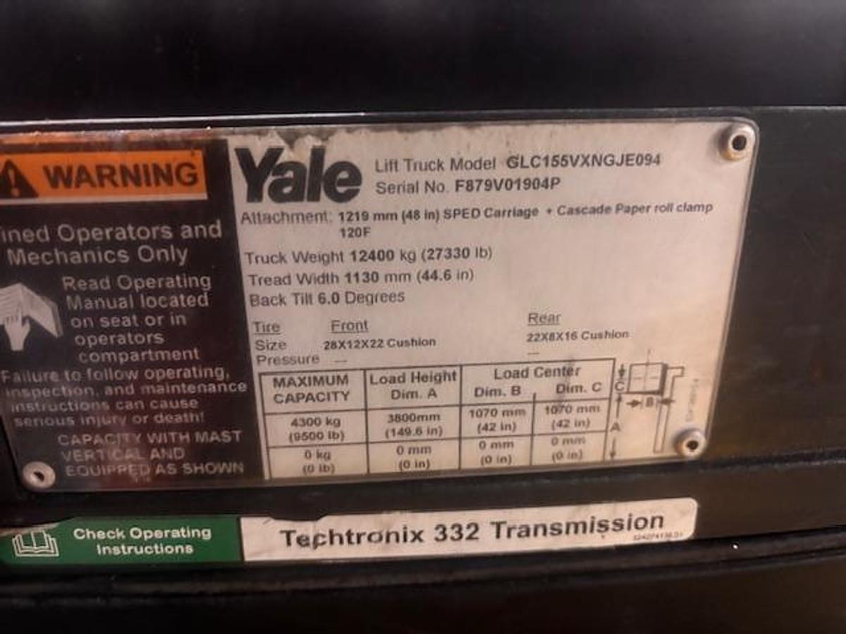 Used 15,500 POUND YALE MODEL GLC155 LH94"/RH150" WITH 84" CASCADE PAPER ROLL CLAMP