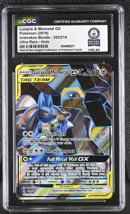 Used 2019 POKEMON #203 LUCARIO & MELMETAL GX CGC WORLD RECORD 1/1 GRAY COLLECTION