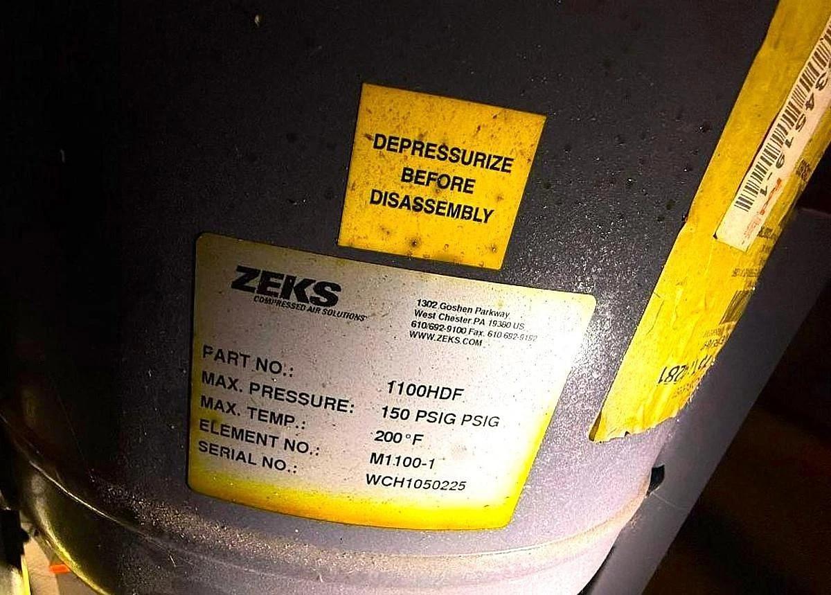 Used ZEKS MODEL 1100HDF MIST ELIMINATOR 1100 SCFM DESIGN MAX WORKING PRESSURE 150 PSI