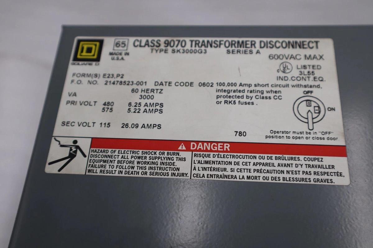 Used SQUARE D SK3000G3 SERIES A CLASS 9070 TRANSFORMER DISCONNECT STOCK H900