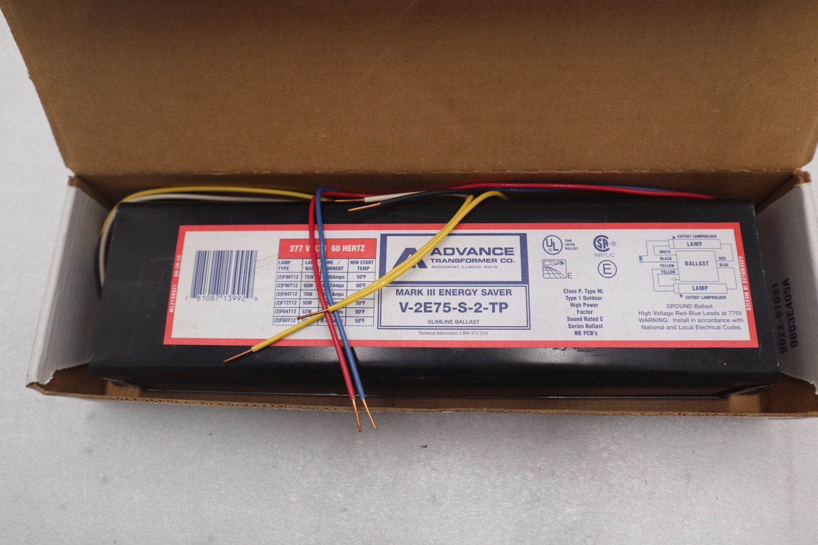 Used NEW OPEN BOX Advance V-2E75-S-2-TP 277V Mark III Energy Saver 2 Ballast STK 4538